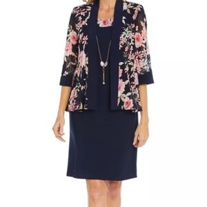 NWT R&M Richards Navy Floral Two-Piece Dress Set Sz 14